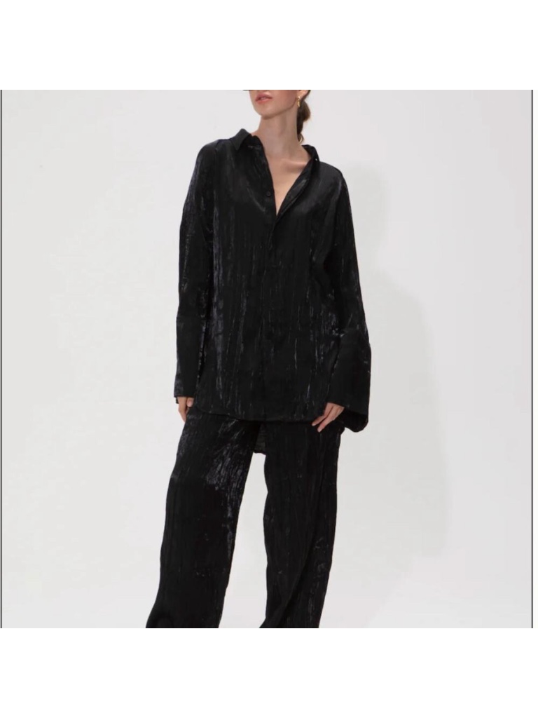 Nwt Local European Black Shimmer Crinkle Oversized Button Down Shirt Sz S — image 2 of 8
